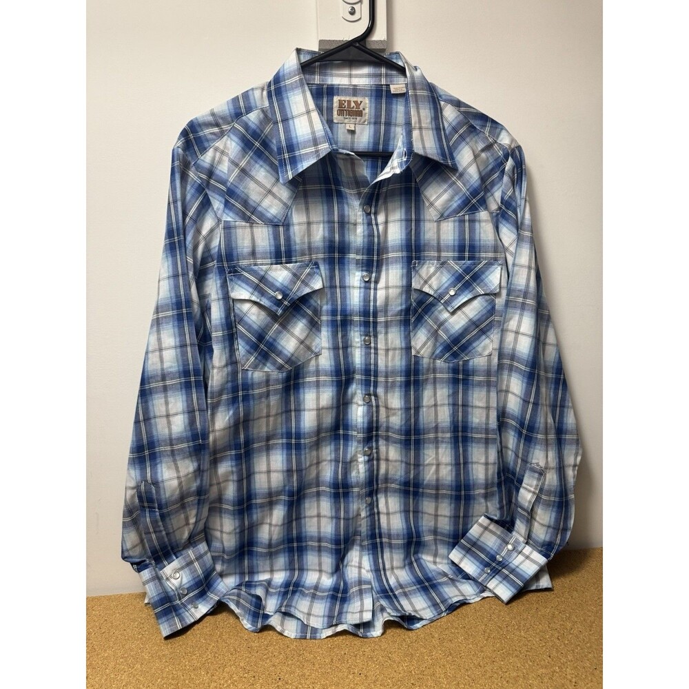 Ely Cattleman Shirt Mens L Blue Plaid Sawtooth Pearl Snap Up Western Long Sleeve